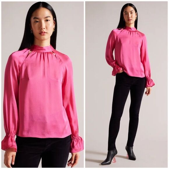TED BAKER Joanha High Neck Long Sleeve Blouse With Cut Outs NWT - Picture 1 of 11